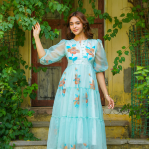 Turquoise Floral handpainted Dress